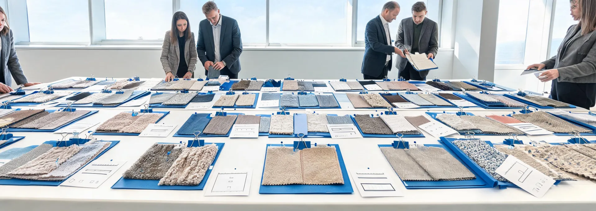Fabric selection table with upholstery swatches and specification tools